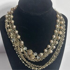 Vintage Layered Old Money Necklace Gold Tone Chains Filigree Beads Faux Pearls